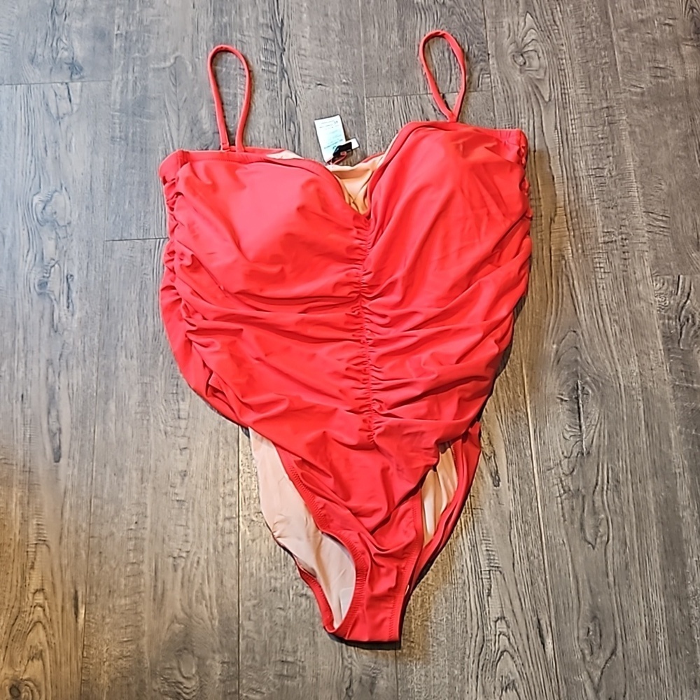 J Crew Cherry Red Ruched Halter Size 22 One Piece Swimsuit Brand New With Tags
